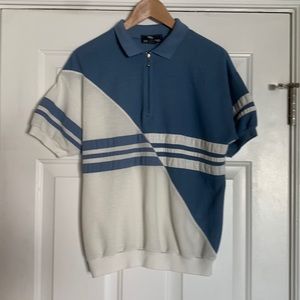 Steeplechase blue and white shirt.